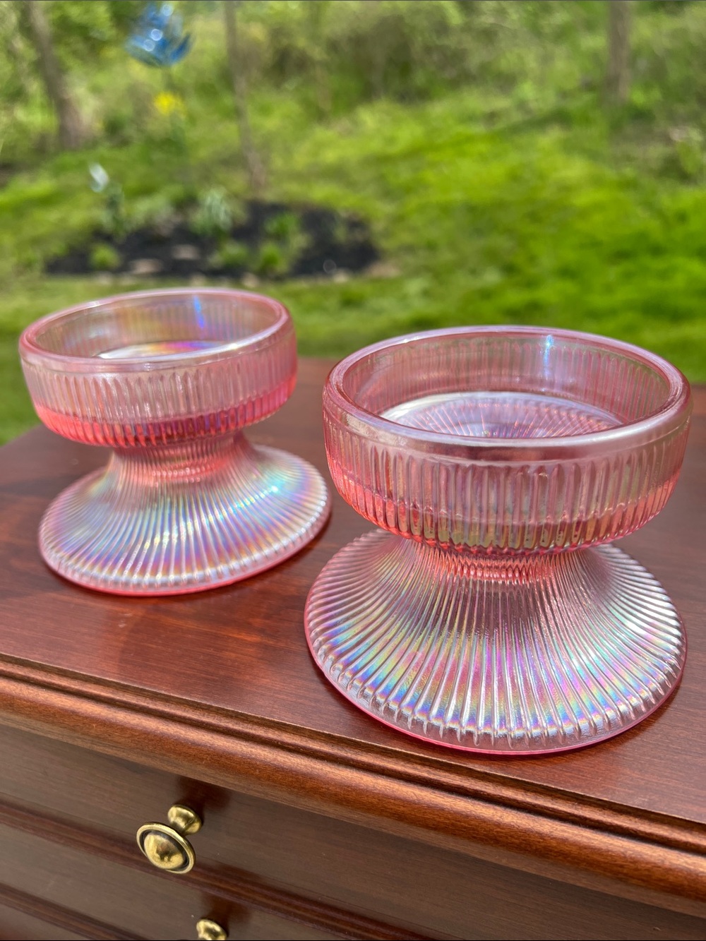 Vintage Mid-Century Modern Atomic Pink Glass Candlestick Holders Pillar Candle